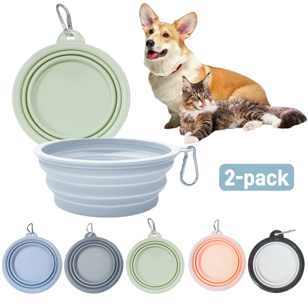 2Pcs Collapsible Pet Silicone Dog Food Water Bowl Outdoor Camping Travel Portable Folding Supplies Dishes with Carabiner