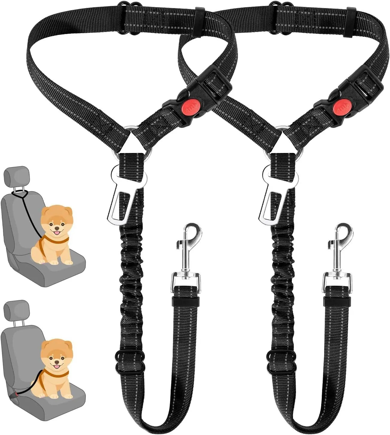 Dog Seat Belt for Car,Dog Car Harness Seatbelt Adjustable with Elastic Bungee Buffer, 2In1 Pet Leash Restraint Dog Safety Tether